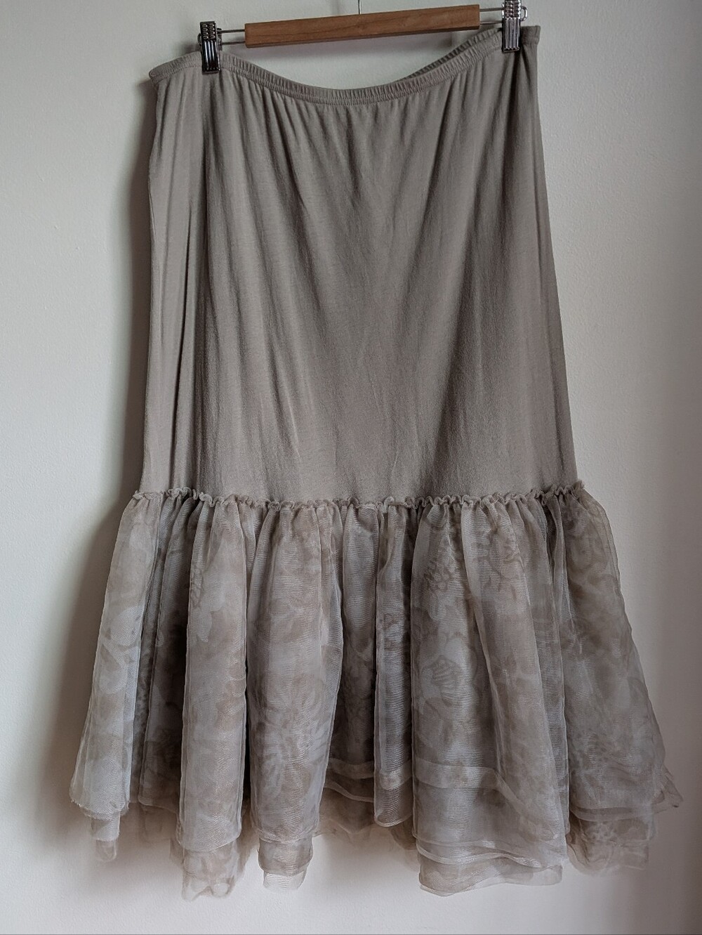 French Beige Abstract Tiered Tulle Cotton Ruffled Maxi Skirt Size Extra-Large - Picture 2 of 11
